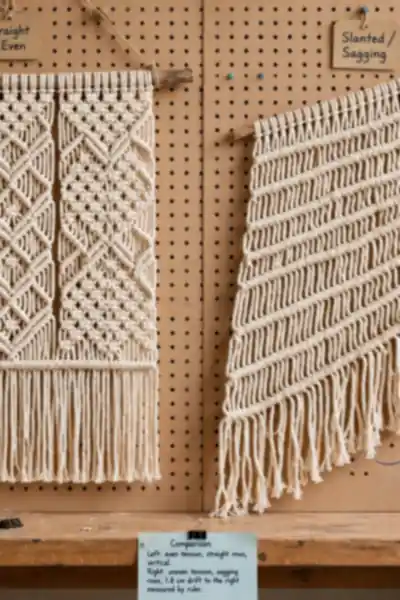 Straight and slanted macrame panels compared side by side