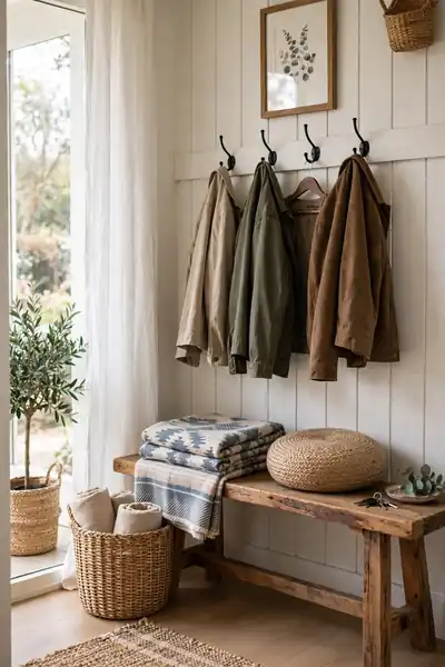 Patterned throw styled on an entryway bench