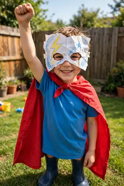 Child dressed as a superhero with a pillowcase cape