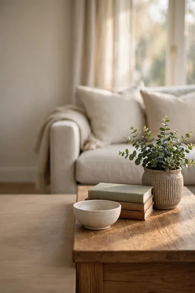 Coffee table group of book stack bowl and small plant