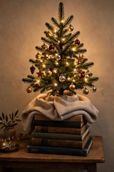small tabletop tree raised on books