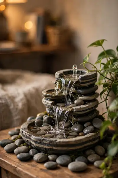 Tabletop water fountain in calm office corner