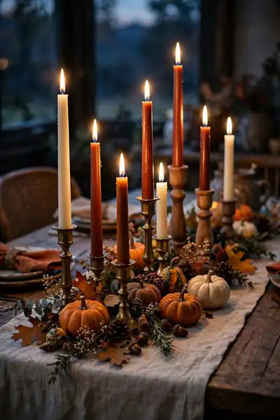 Taper candles lined down a fall table