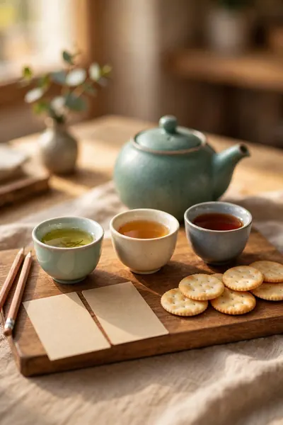 A tea tasting flight with three small cups