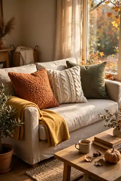 Textured throw pillows on a cozy sofa