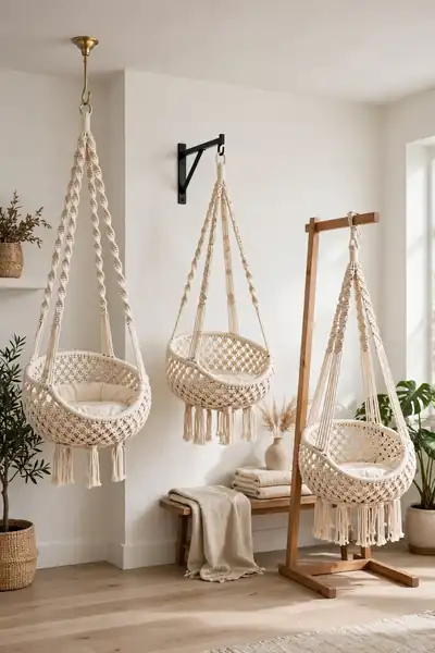 Ceiling hook, wall bracket and stand hanging setups side by side