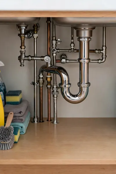 Under sink cabinet arranged in three zones around the pipes