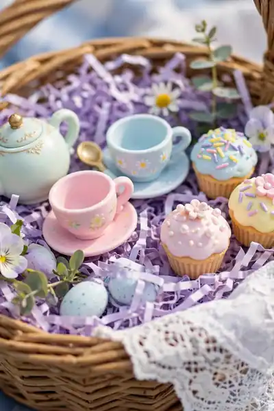Tiny tea party Easter basket with play tea set