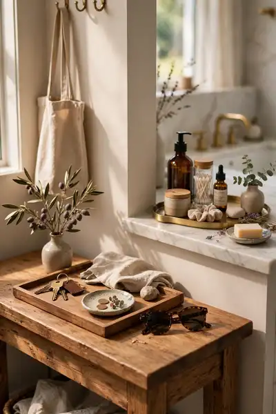 Wooden and metal trays grouping keys and bathroom bottles