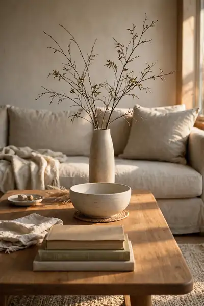 Tall vase, medium bowl, and low books forming a height triangle