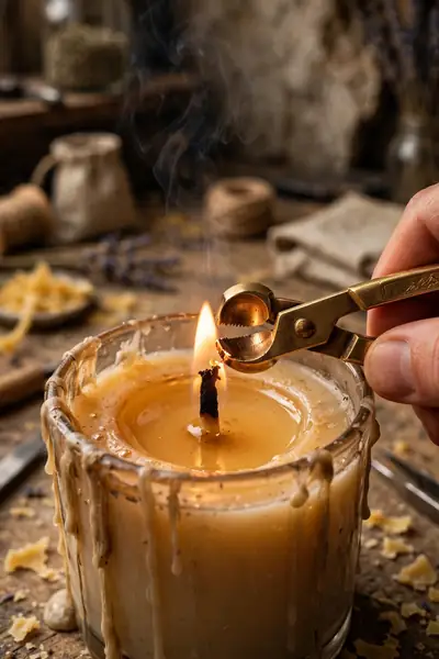 Trimming a candle wick with a brass trimmer
