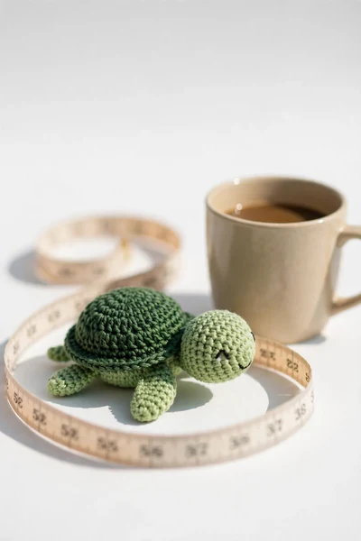 Finished crochet turtle measured with tape measure