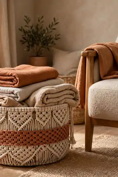 two tone macrame basket with terracotta band