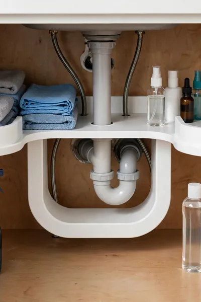 U shaped shelf wrapped around the pipes under a sink