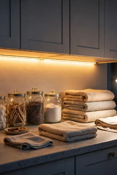 warm LED strip glowing under laundry cabinets