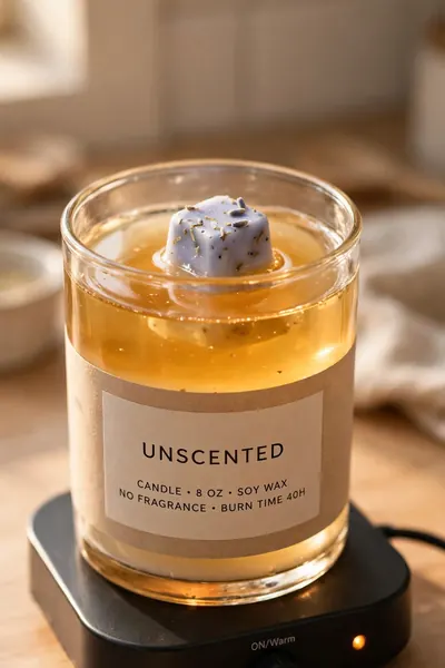 Unscented candle jar on an electric warmer plate with a melt on top