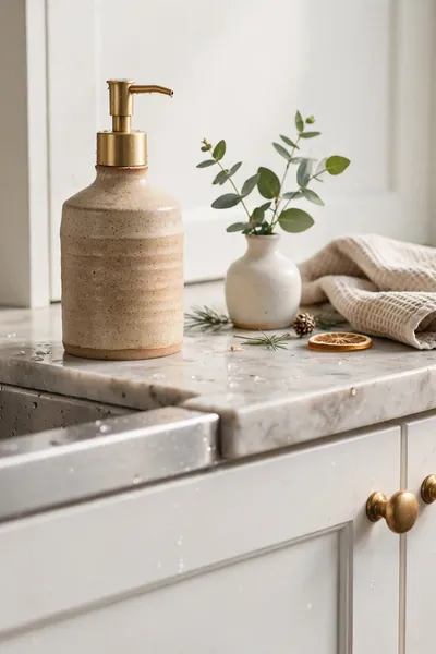 Brass knobs and ceramic soap dispenser