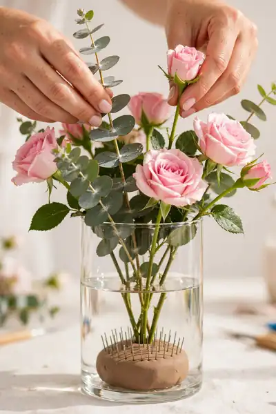 Arranging roses with clay flower frog