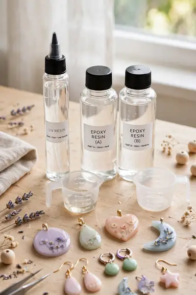 UV resin bottle and epoxy resin bottles with pendants and earrings on a craft table
