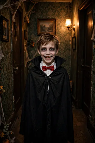 Boy dressed as a vampire with a sheet cape