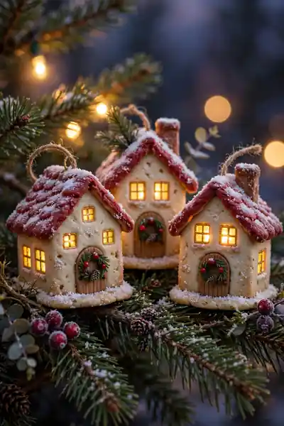Village house ornaments with snow roofs