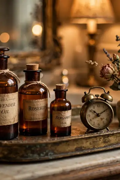 Vintage brass tray with apothecary bottles