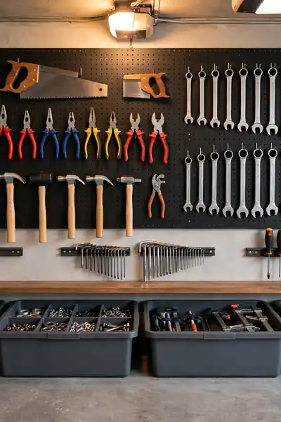 Pegboard wall with neatly arranged hand tools