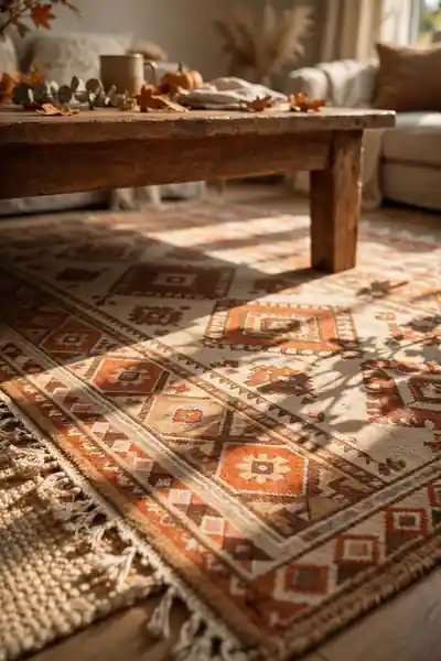 Warm patterned area rug under coffee table