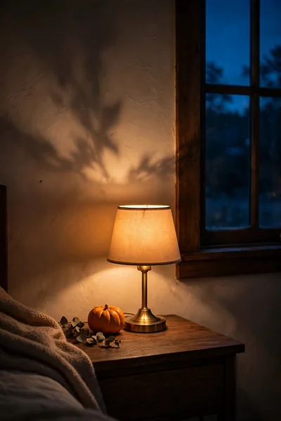 Warm amber bedside lamp glow