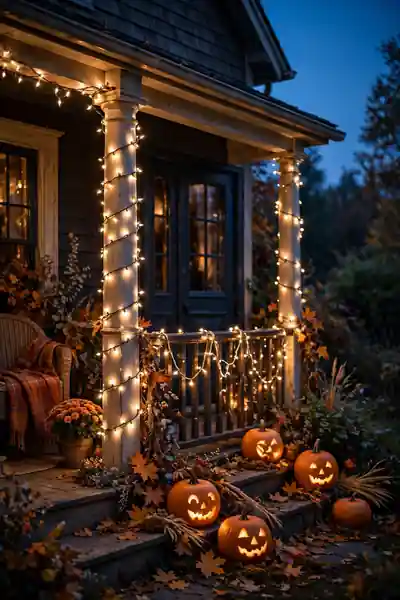 Warm string lights on a fall porch at dusk