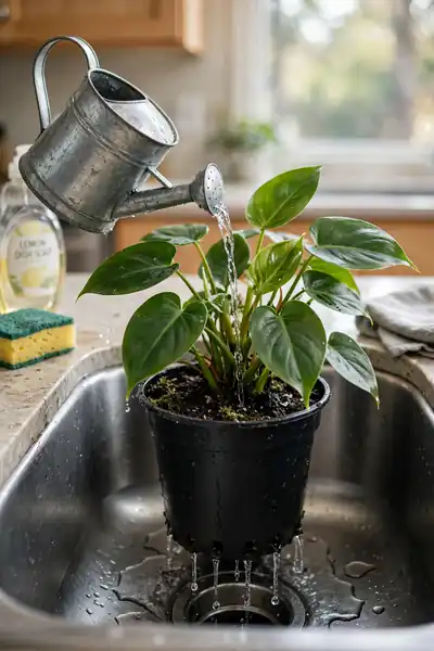 Watering a philodendron in the sink with drainage