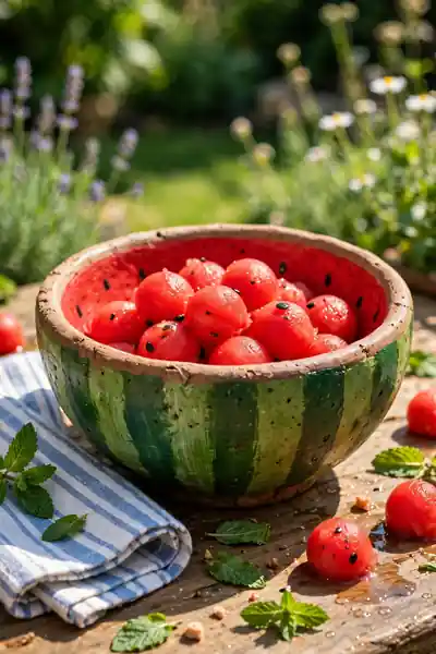 Clay bowl painted like a watermelon slice with seed dots