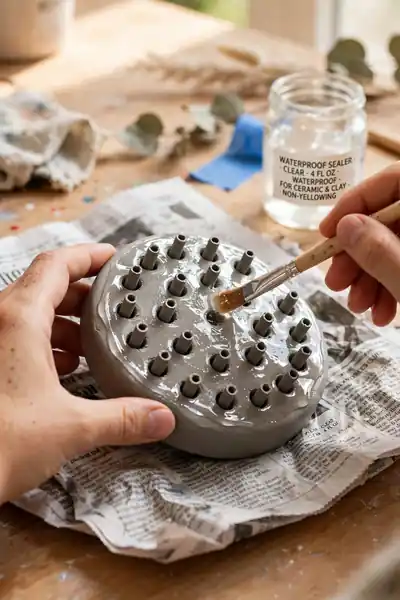 Sealing clay flower frog with waterproof coating