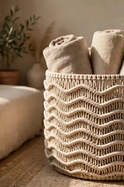 wave pattern macrame basket with blankets