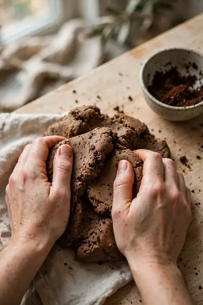 Hands kneading rustic coffee clay dough