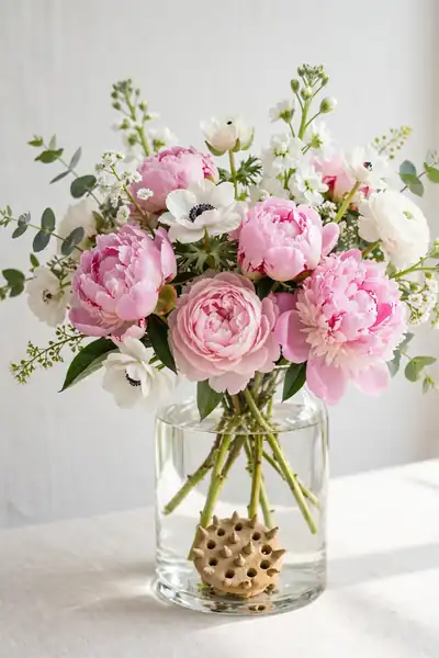 Flower arrangement held by clay flower frog in vase