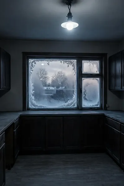 Gloomy winter kitchen with harsh lighting