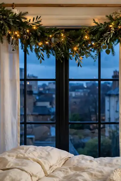 Garland swagged on a curtain rod with woven fairy lights