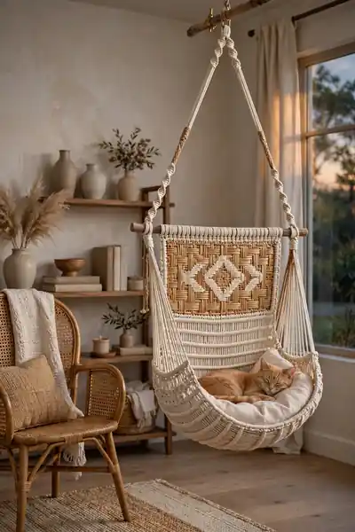 Macrame cat hammock with a decorative woven back panel
