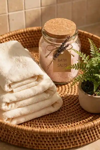 Woven rattan tray with towels and bath salts
