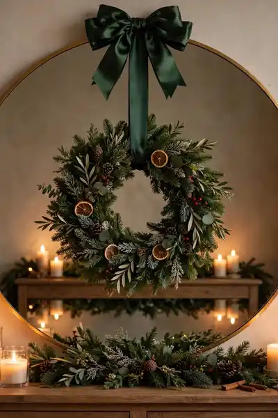wreath hanging over entryway mirror